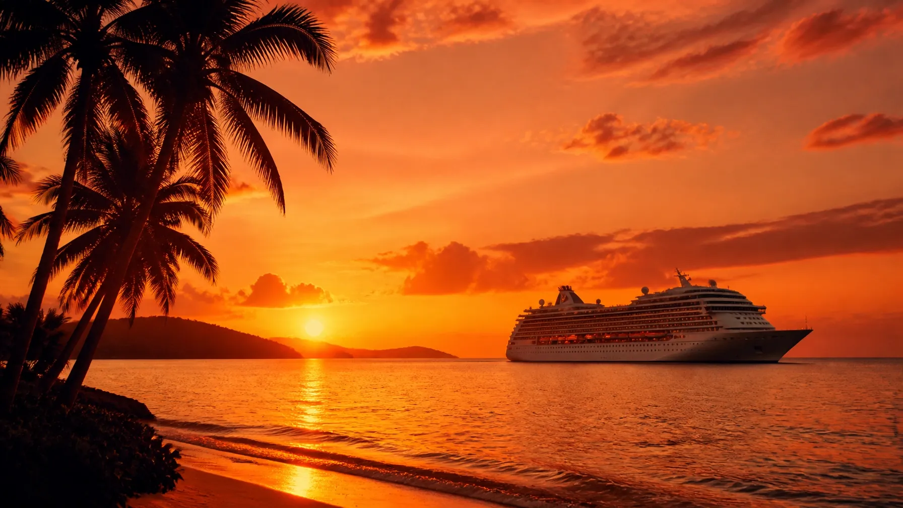 Golden-hour tropical beach with a cruise ship on the horizon